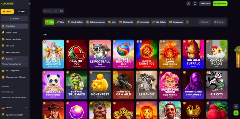 Seite mit den Spielautomaten bei Drakaris Casino