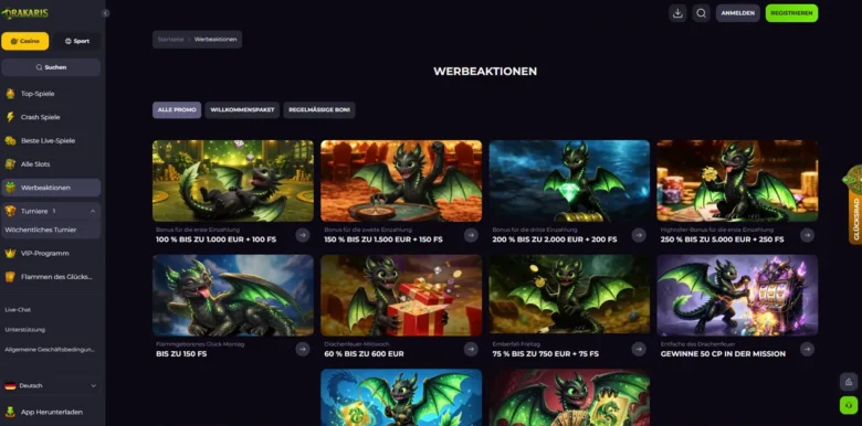 Seite „Aktionen“ des Drakaris Casinos