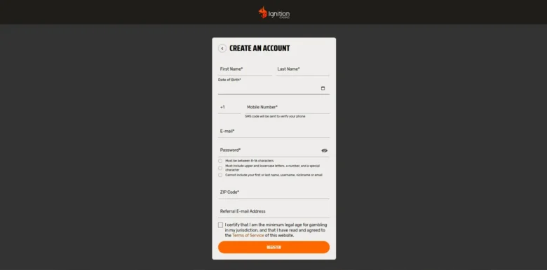 Ignition Casino sign up page