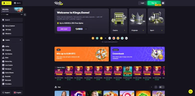 Kings Game Casino main webpage