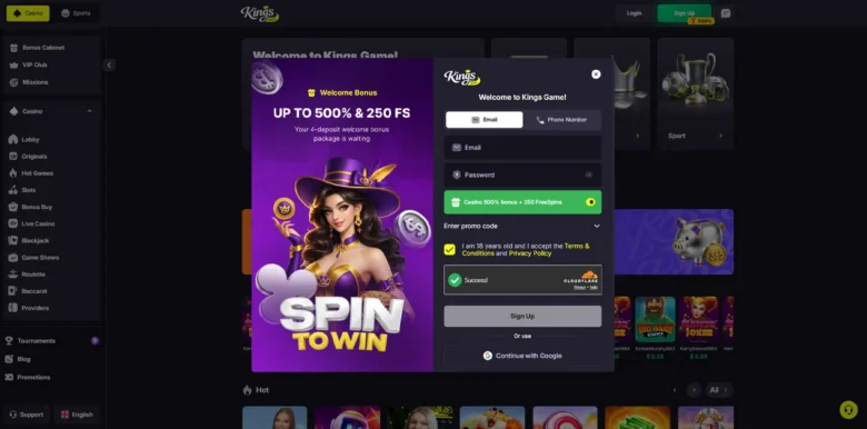 Kings Game Casino sign up page