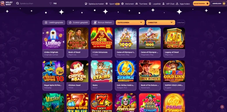 Seite mit den Spielautomaten von MilkyWay Casino