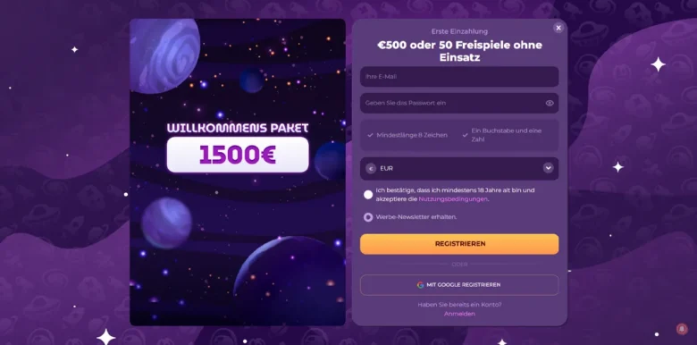 Anmeldeseite von MilkyWay Casino