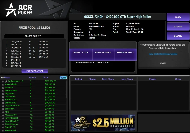$2,650 OSS XL #240H - $400,000 GTD Super High Roller
