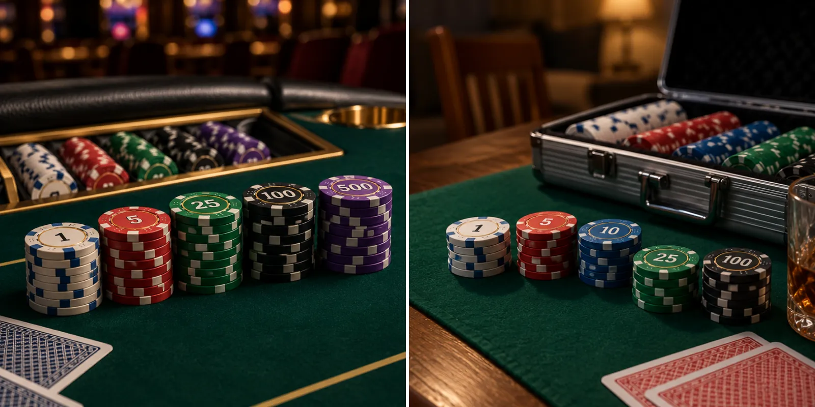 Casino-standard chip values compared with home game chip values on separate poker tables.