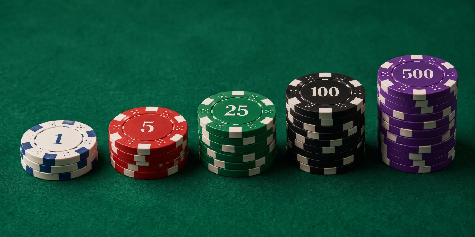 Poker chip values by color and denomination, from $1 white chips to $500 purple chips.