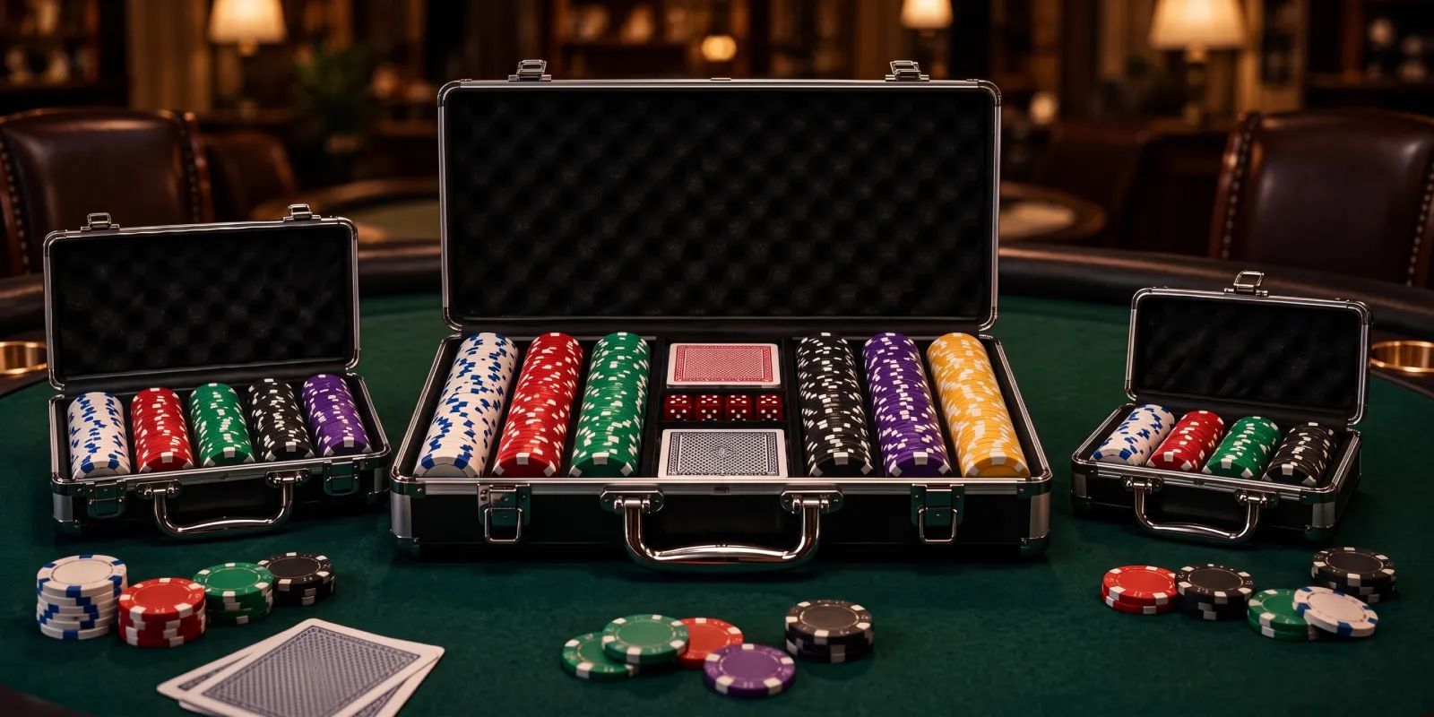 Three poker chip set sizes arranged from small to large for different budgets.