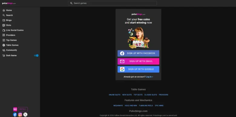 Pulsz Bingo Social Casino sign up page