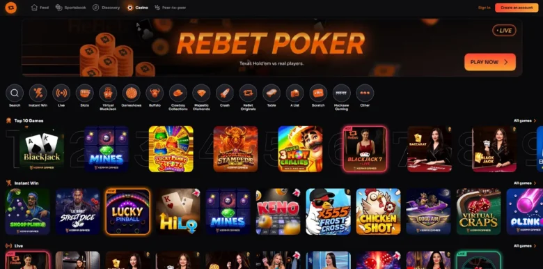 Rebet Social Casino main webpage