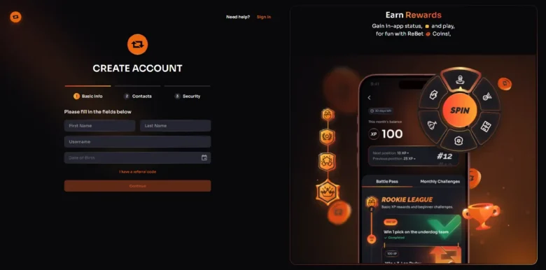 Rebet Social Casino sign up page