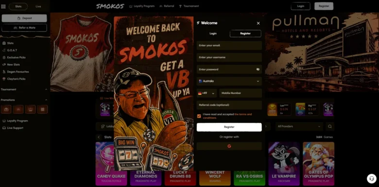 Smokos Casino sign up page