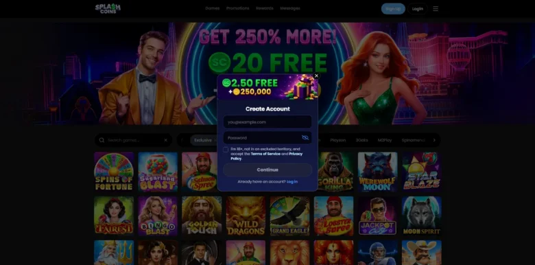 Splash Coins Casino sign up page