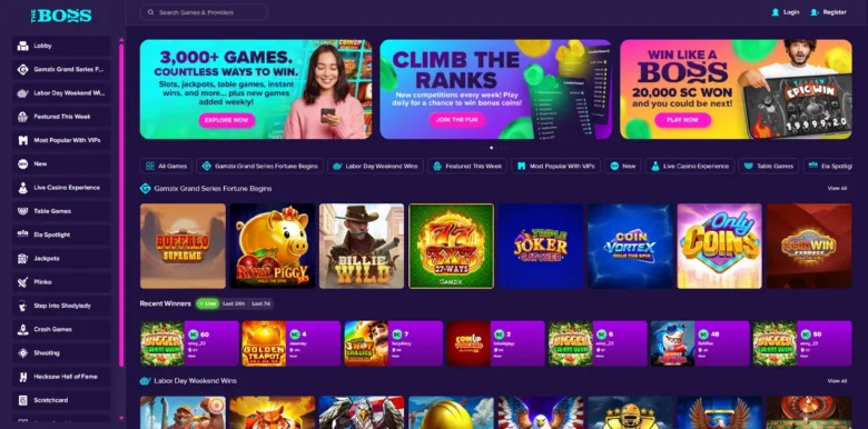 The Boss Social Casino main webpage