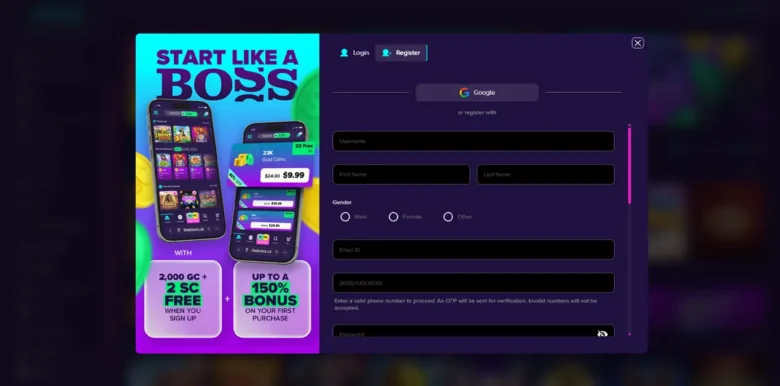 The Boss Social Casino sign up page