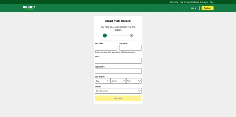 Unibet Casino sign up page