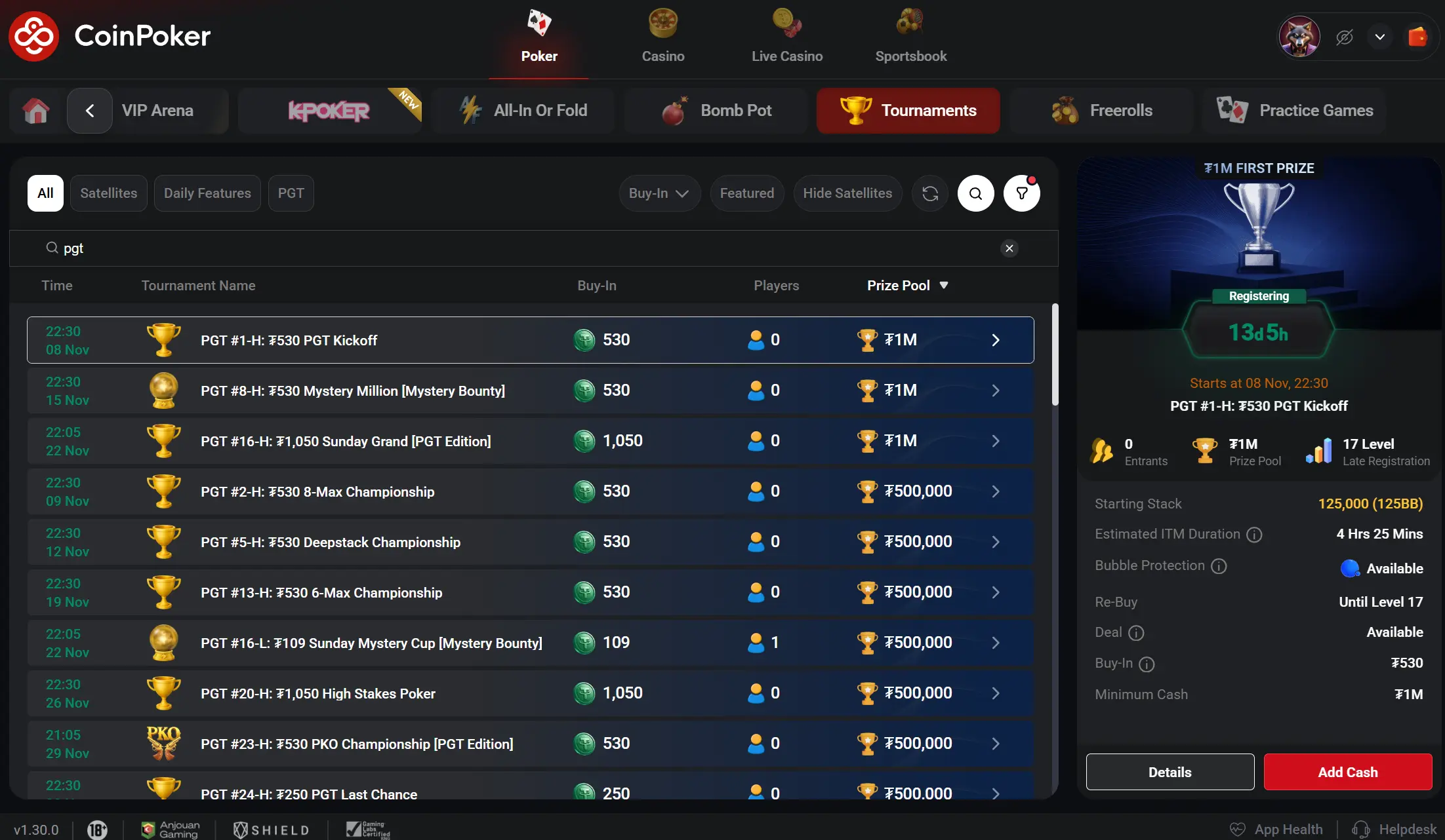 CoinPoker lobby PGT