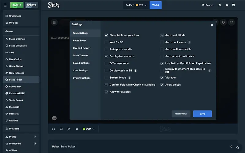 Einstellungen bei Stake.com