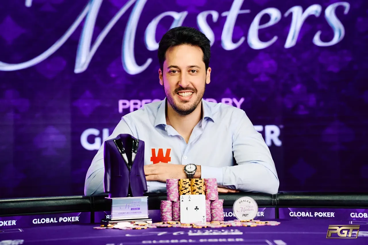 Adrián Mateos celebrates his victory in Event #5 at the 2026 Poker Masters