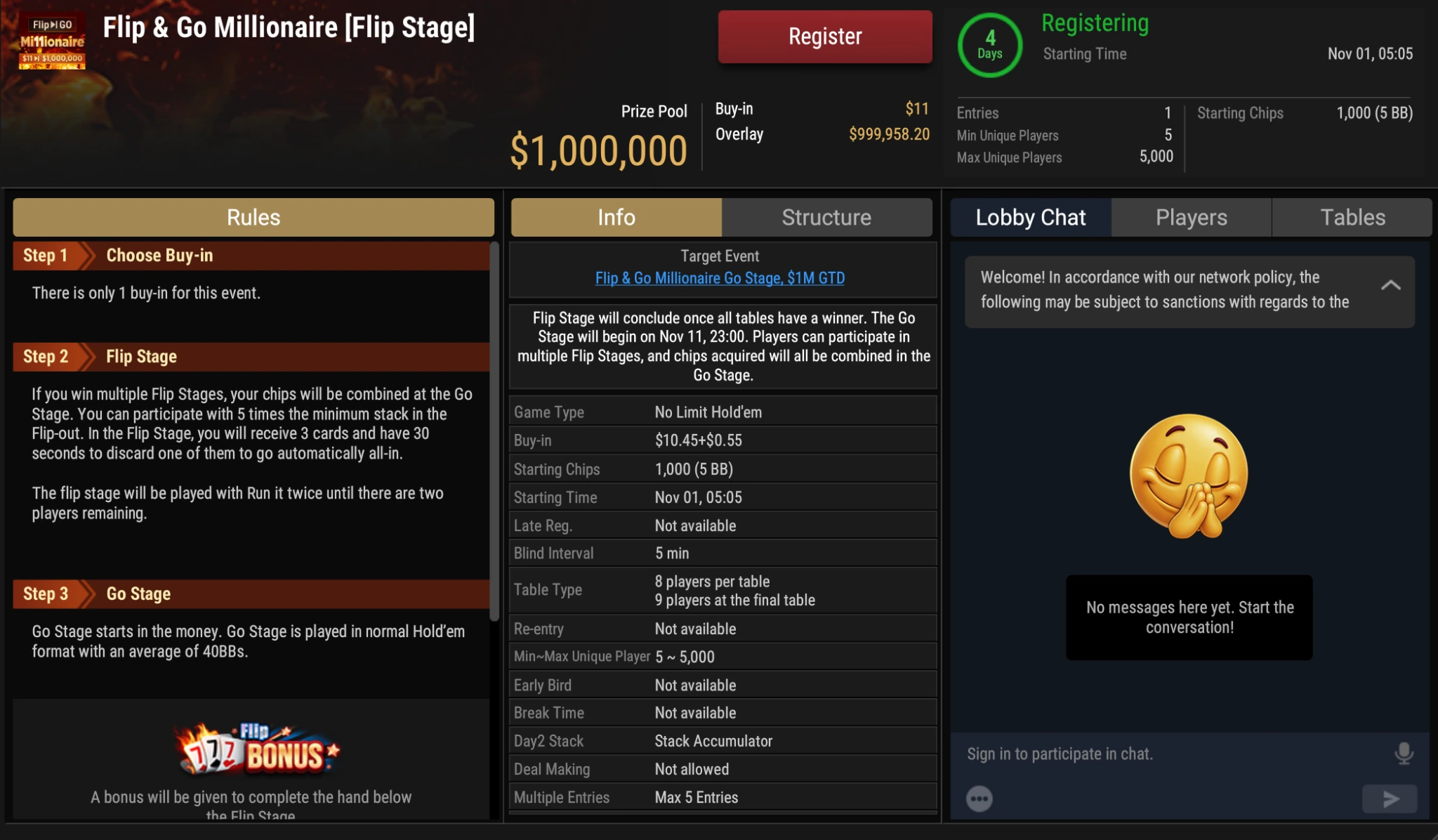 GGPoker Flip & Go Millionaire Flip Stage structure