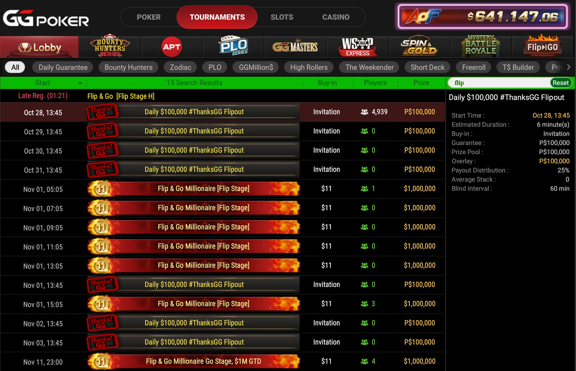 Flip & Go Millionaire November 2026 tournament schedule in the GGPoker lobby