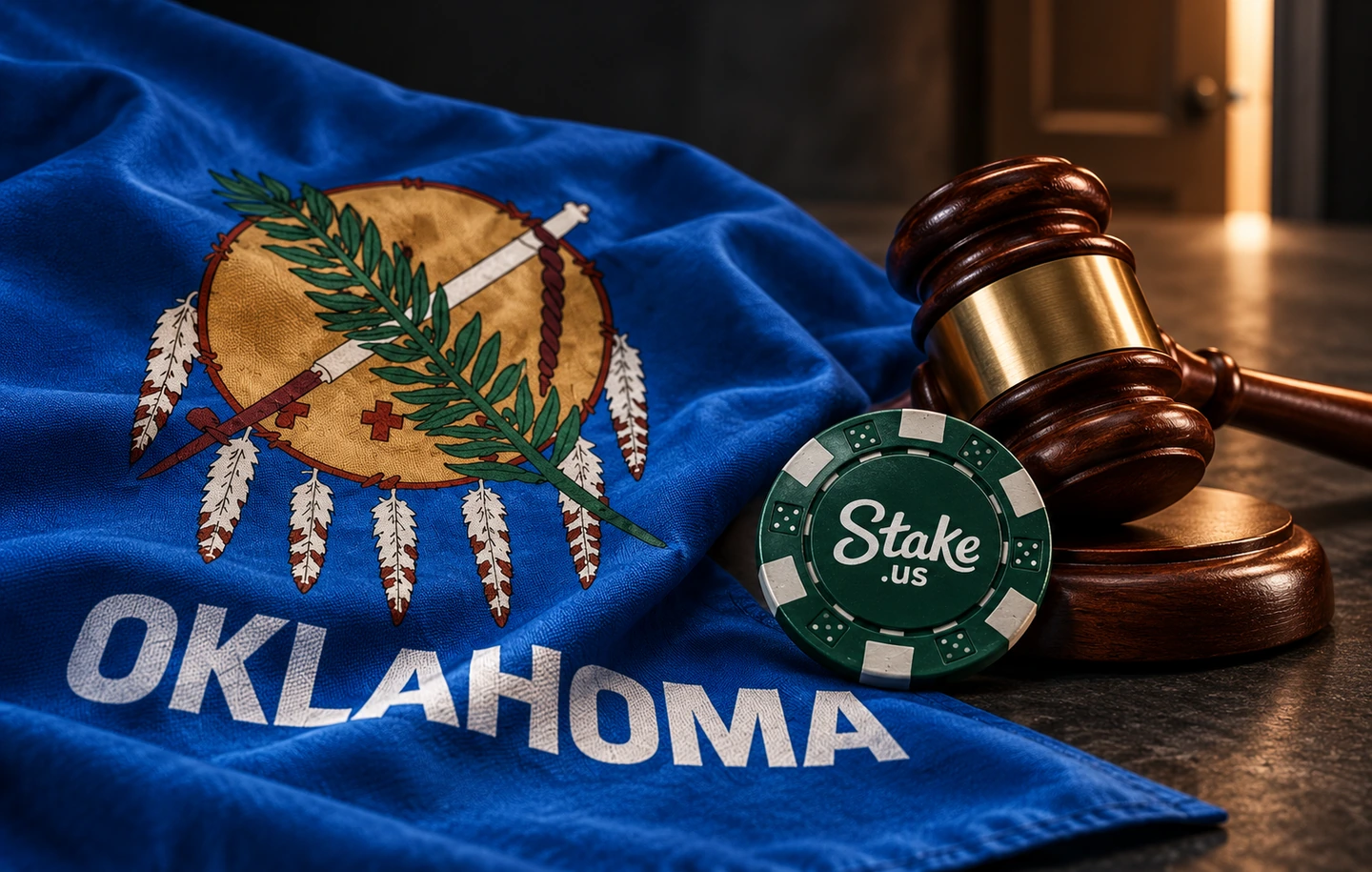 Oklahoma flag, judge’s gavel and a Stake.us casino chip