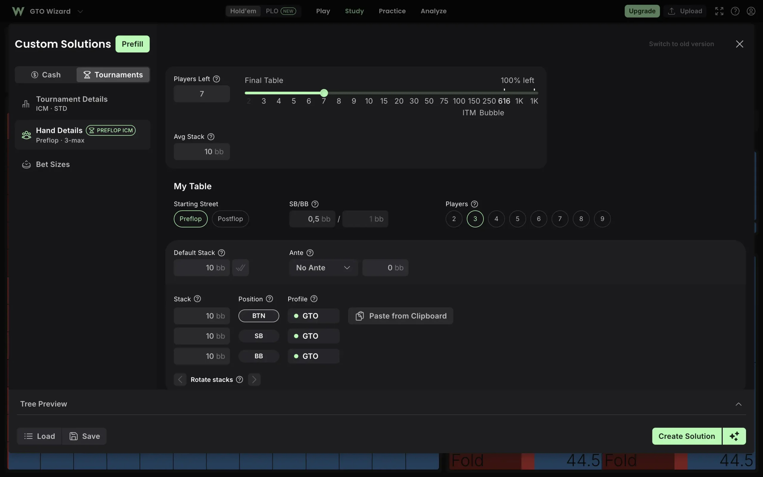 GTO Wizard custom hand settings showing player stacks, positions, and GTO profiles