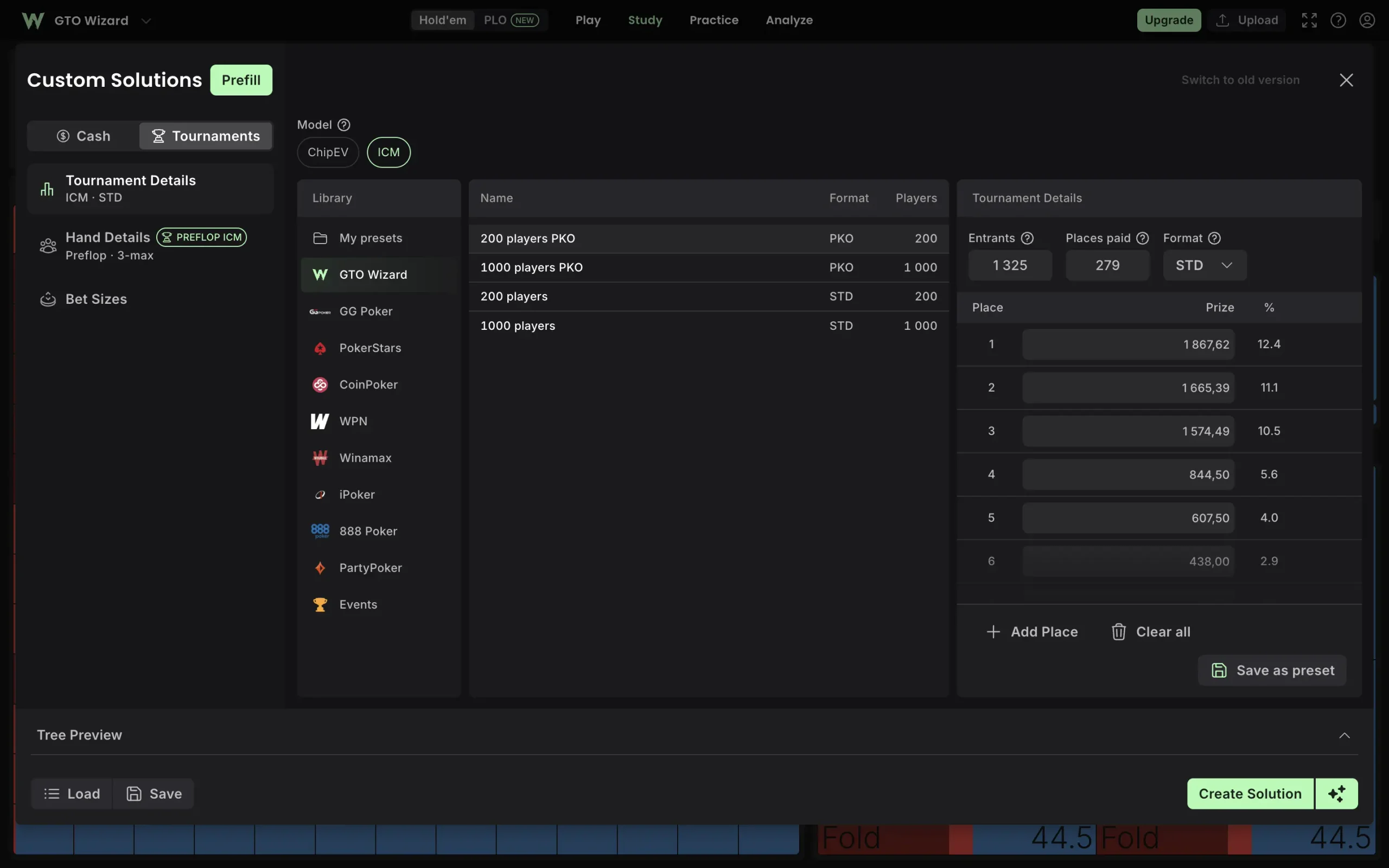 GTO Wizard Preflop ICM Solver tournament details and payout presets interface