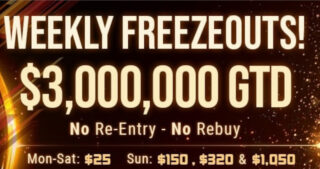 GGPoker. $3M GTD in weekly freezeout tournaments.