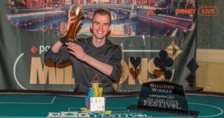 The partypoker Live MILLIONS 2023 Main Event Winner Michel Molenaar With Trophy at the Poker Table