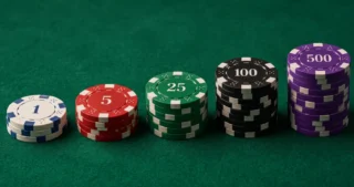 Poker chip values by color and denomination, from $1 white chips to $500 purple chips.