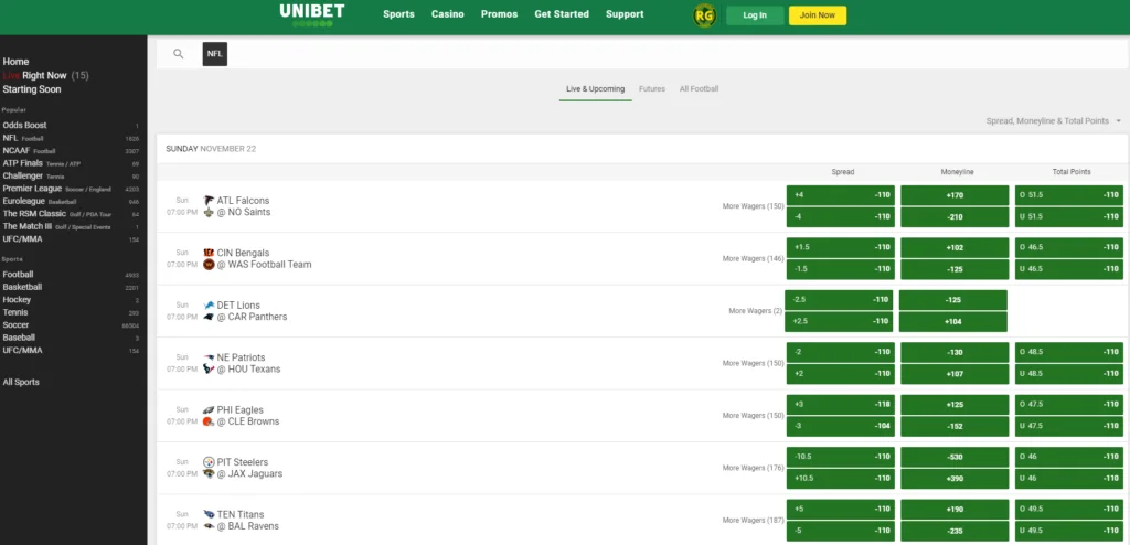Unibet Sportsbook NFL Section