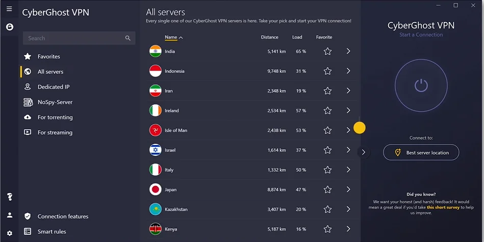 Cyberghost VPN settings screen on windows or mac