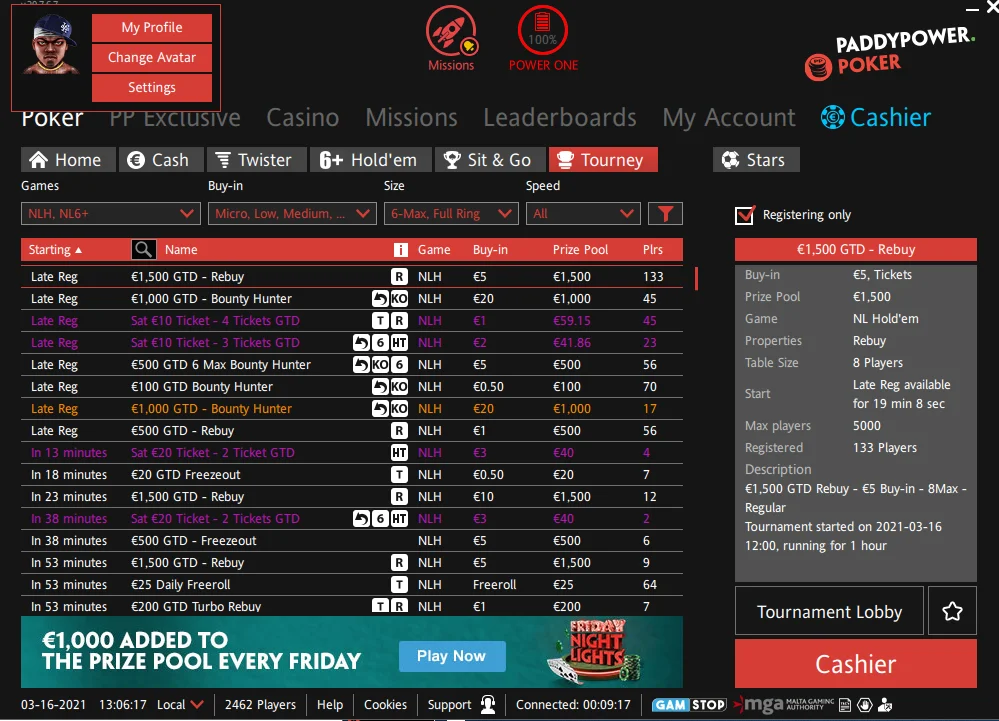 Paddy Power Poker Tournament Lobby