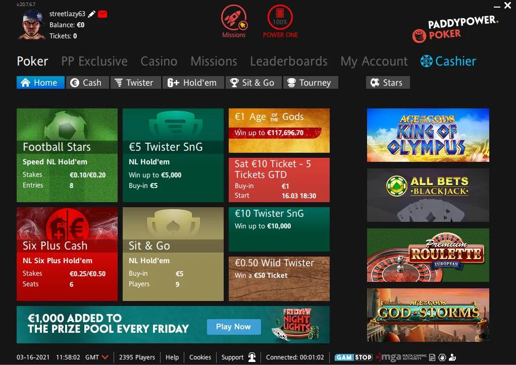 Paddy Power Poker client lobby