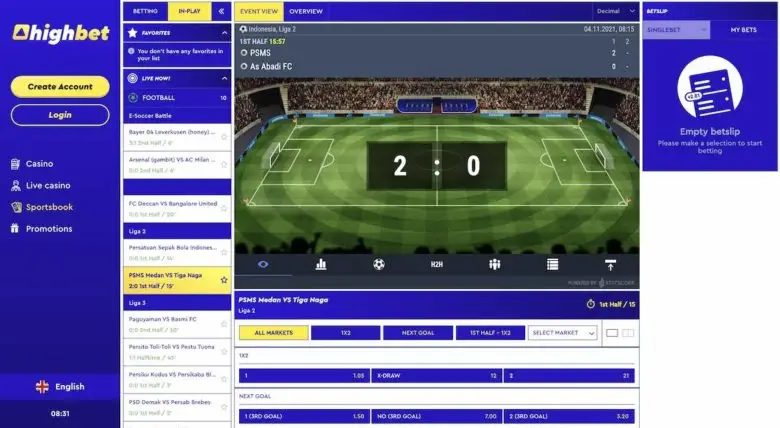 Highbet In-play Event view.