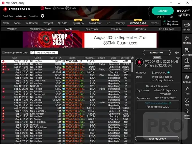 PokerStars lobby view.