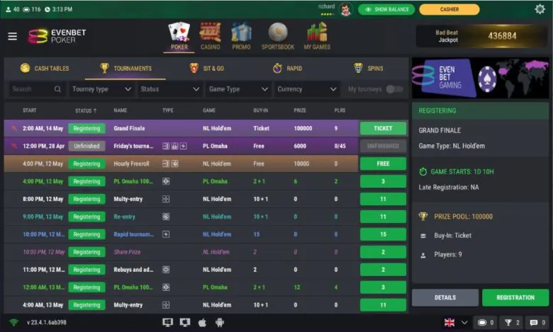 EvenBet Tournament Lobby.