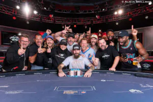 David Guay, with his rail after winning the Deepstack