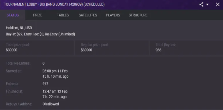 JackPoker Sunday Big Bang $30K GTD lobby