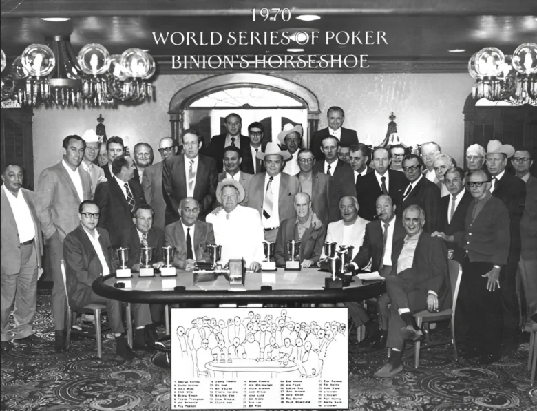 The 1970 WSOP at Binion’s Horseshoe: a historic gathering of poker legends, not just one table but a vibrant group playing various games over days. Featuring Johnny Moss, Doyle Brunson, Amarillo Slim Preston, Puggy Pearson, Sailor Roberts, Crandell Addington, Jack Binion, Benny Binion, Carl Cannon, Dave Reed, Jimmy Casella, Joe Bernstein, Aubrey Day, John King, Tom Moore, T.J. Cloutier, Johnny Crawford, Perry Green, Sam Moon, and Bill Boyd—launching an iconic era.