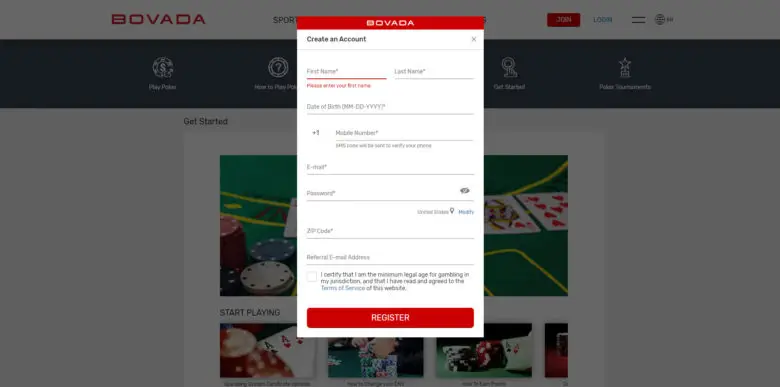 Bovada Poker registration form