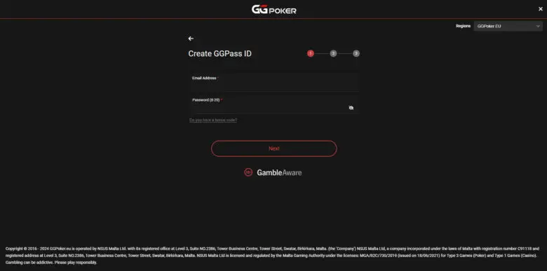 GGPoker Casino registration form