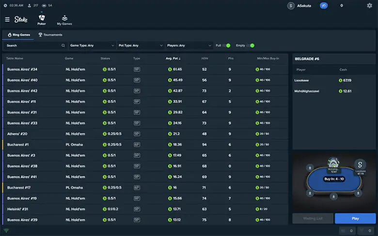 Stake Poker cash games lobby