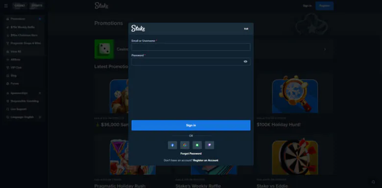 Stake.com sportsbook log in page