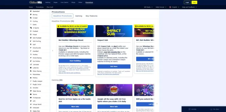 William Hill Sportsbook promotions section