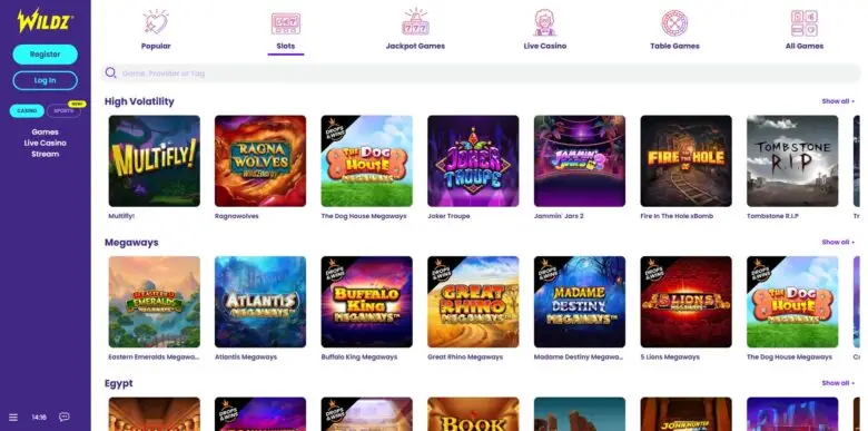 Wildz Casino slots section