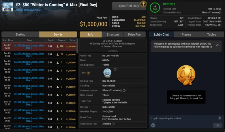 Winter Giveaway Series $50 Winter is Coming 6-Max $1M GTD + Add-On $50K