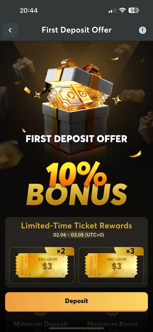 BCPoker Dirst Deposit Offer