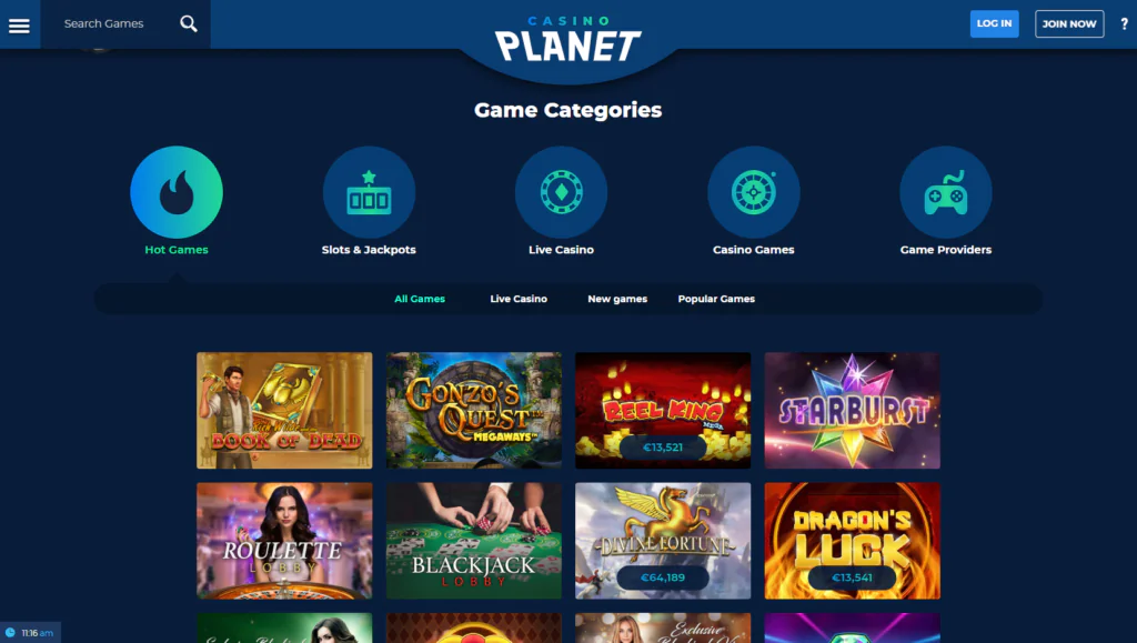 Casino Planet Games Lobby - Slots and jackpots, live casino, table and casino games, live dealer games and provider filtering