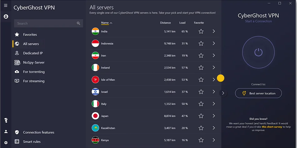 Cyberghost VPN settings screen on windows or mac